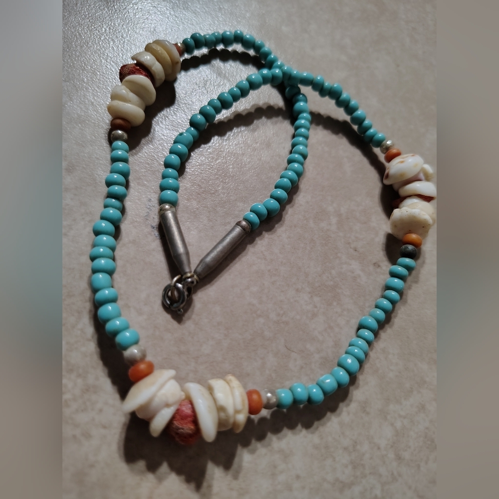 Retro 90s Shell Turquoise and White Beaded Necklace/ Beachy/ Info